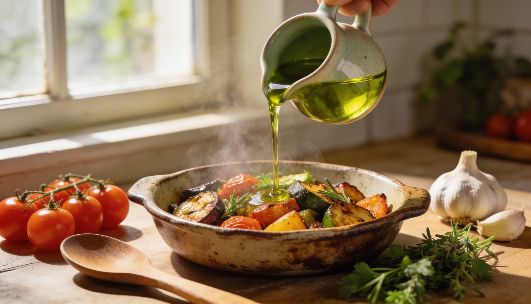 Golden-green extra virgin olive oil being drizzled over roasted Mediterranean vegetables in a sunlit kitchen