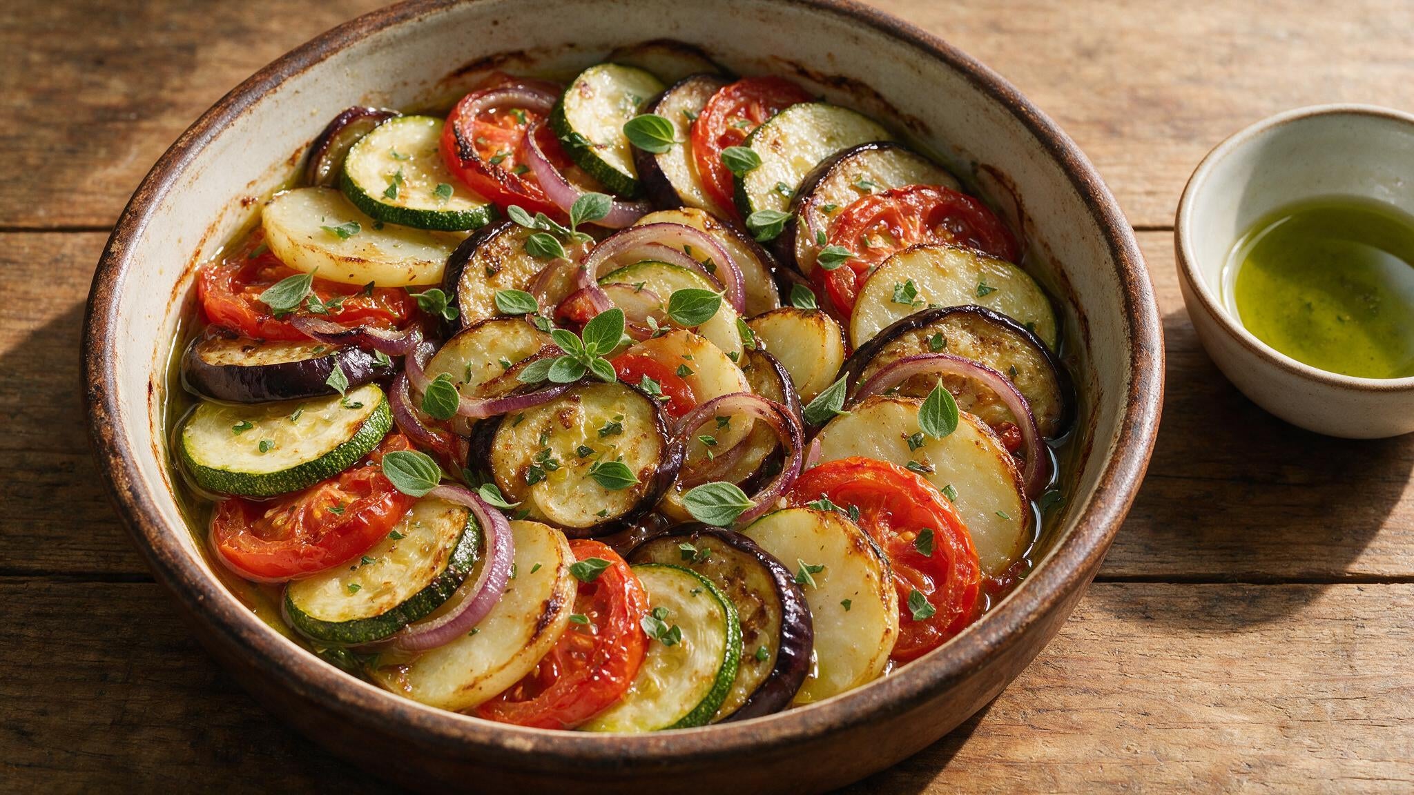 Greek briam of roasted courgette, aubergine, potato and tomato glistening with olive oil in a ceramic baking dish
