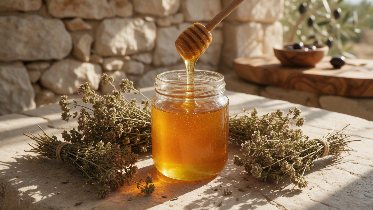 A jar of golden Greek thyme honey with a wooden dipper and dried wild thyme on a sunlit Cretan stone table
