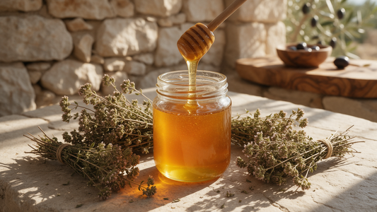 A jar of golden Greek thyme honey with a wooden dipper and dried wild thyme on a sunlit Cretan stone table