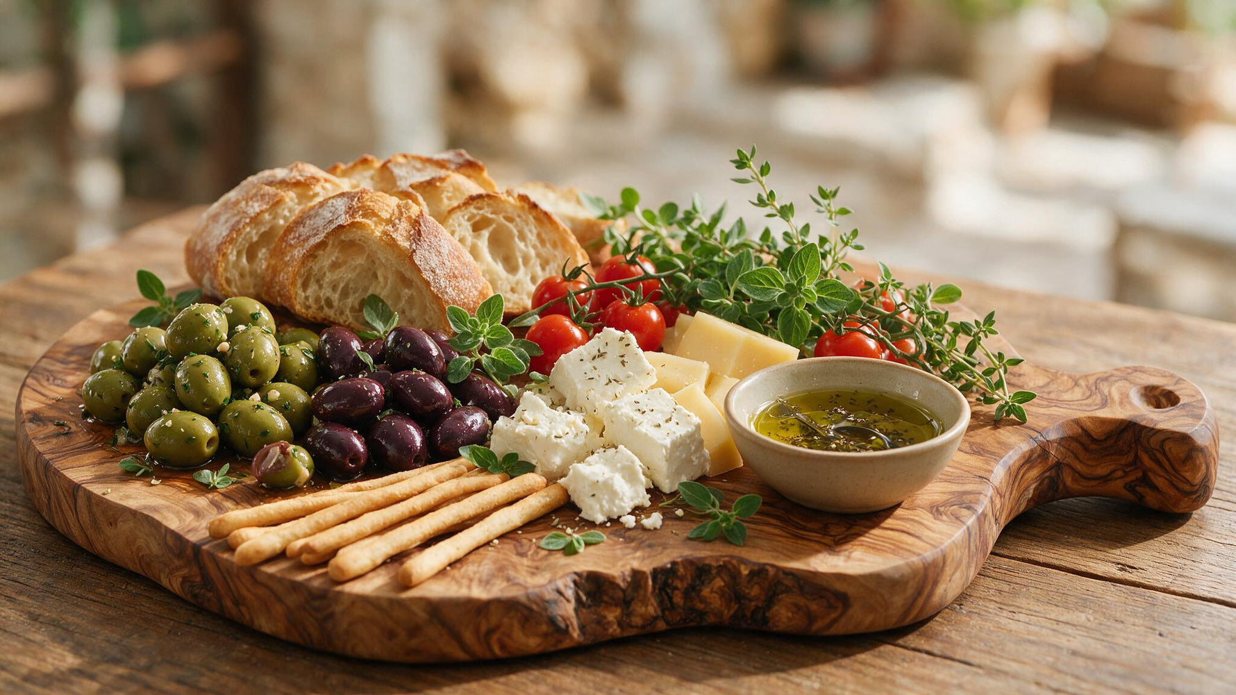 A rustic olive wood serving board with a handle, styled as a Mediterranean antipasti platter with olives, cheese and bread