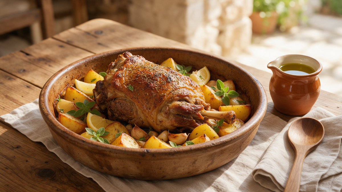 Greek lamb kleftiko with golden roast potatoes, lemon, garlic and oregano in a rustic baking dish with a jug of olive oil