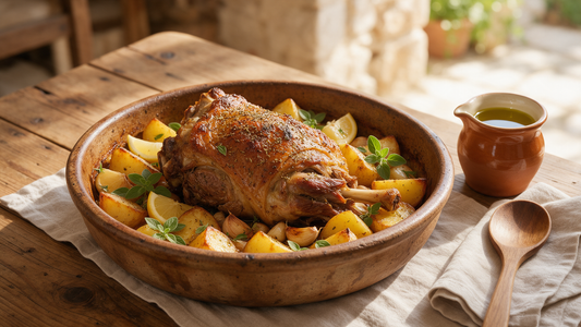 Greek lamb kleftiko with golden roast potatoes, lemon, garlic and oregano in a rustic baking dish with a jug of olive oil