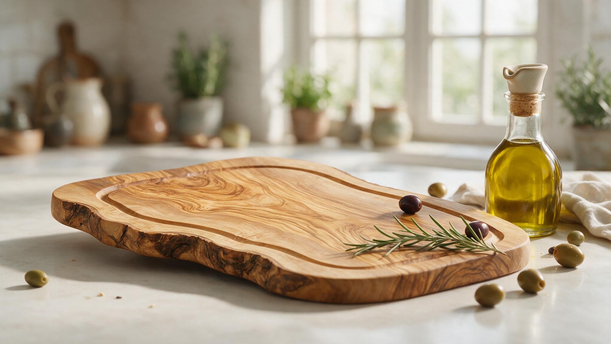 Handcrafted olive wood cutting board with juice groove and swirling grain on a Mediterranean kitchen counter