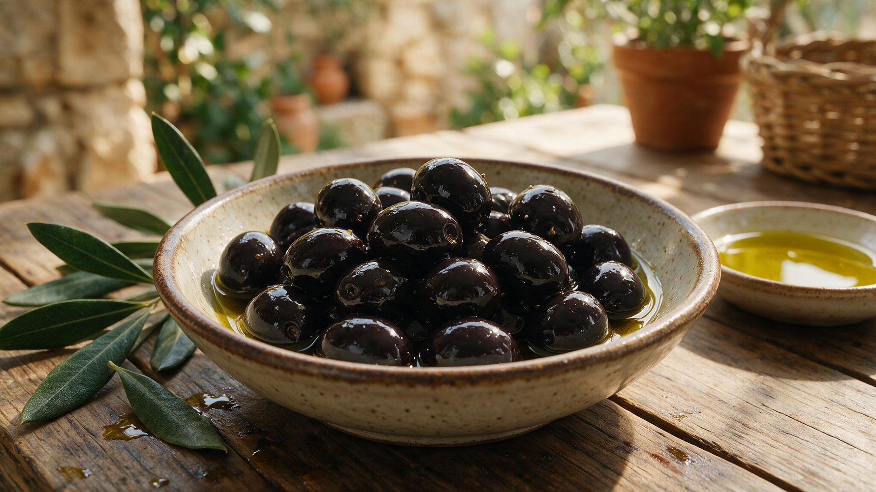 Glossy black Kalamata olives in a rustic bowl with olive leaves and olive oil