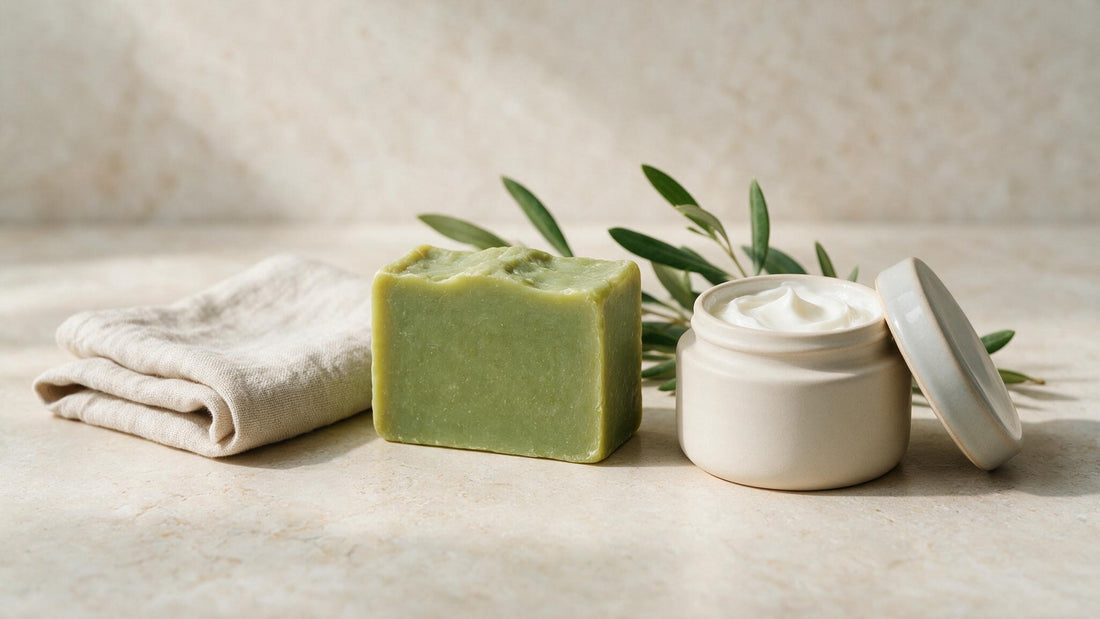 Natural additive-free skincare: an olive-oil soap bar, a simple cream jar and fresh olive branches on stone