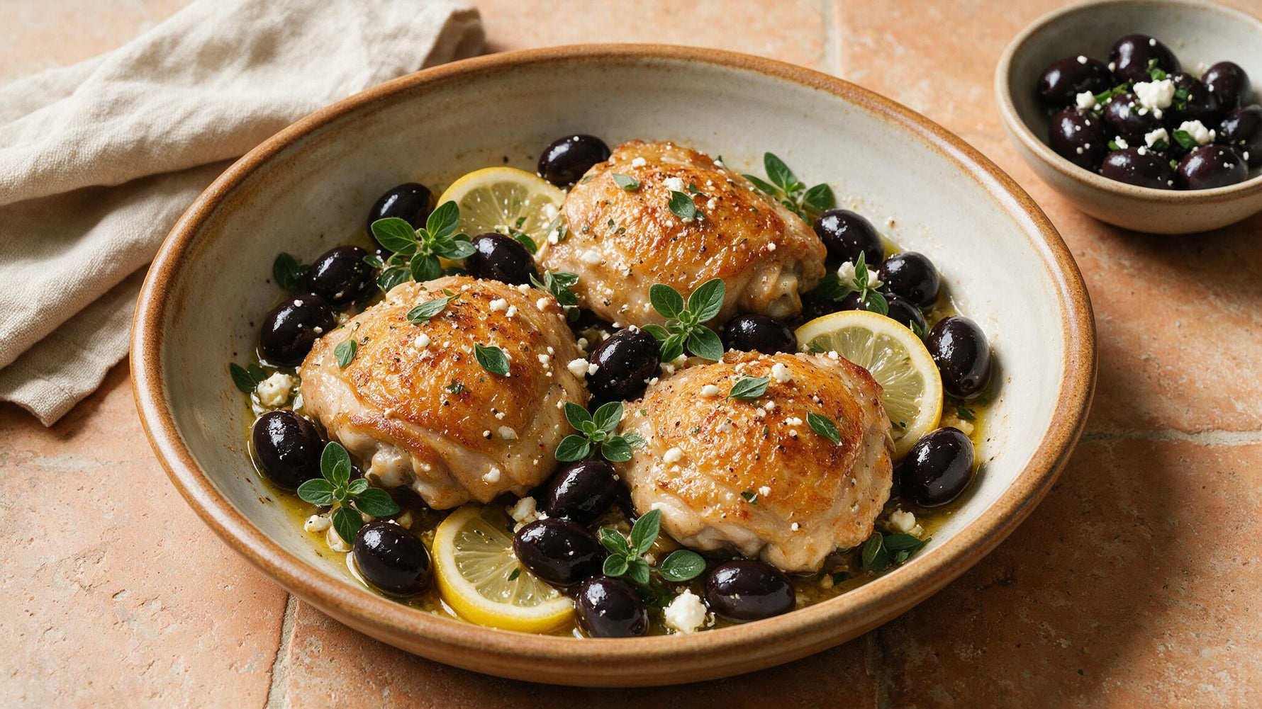 Greek braised chicken with black Kalamata olives, lemon slices and oregano in a rustic dish