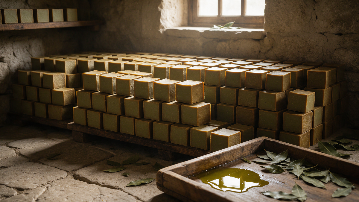 Traditional Aleppo soap curing in stacked hand-cut bars, olive green inside and golden-brown outside, with olive oil and laurel leaves