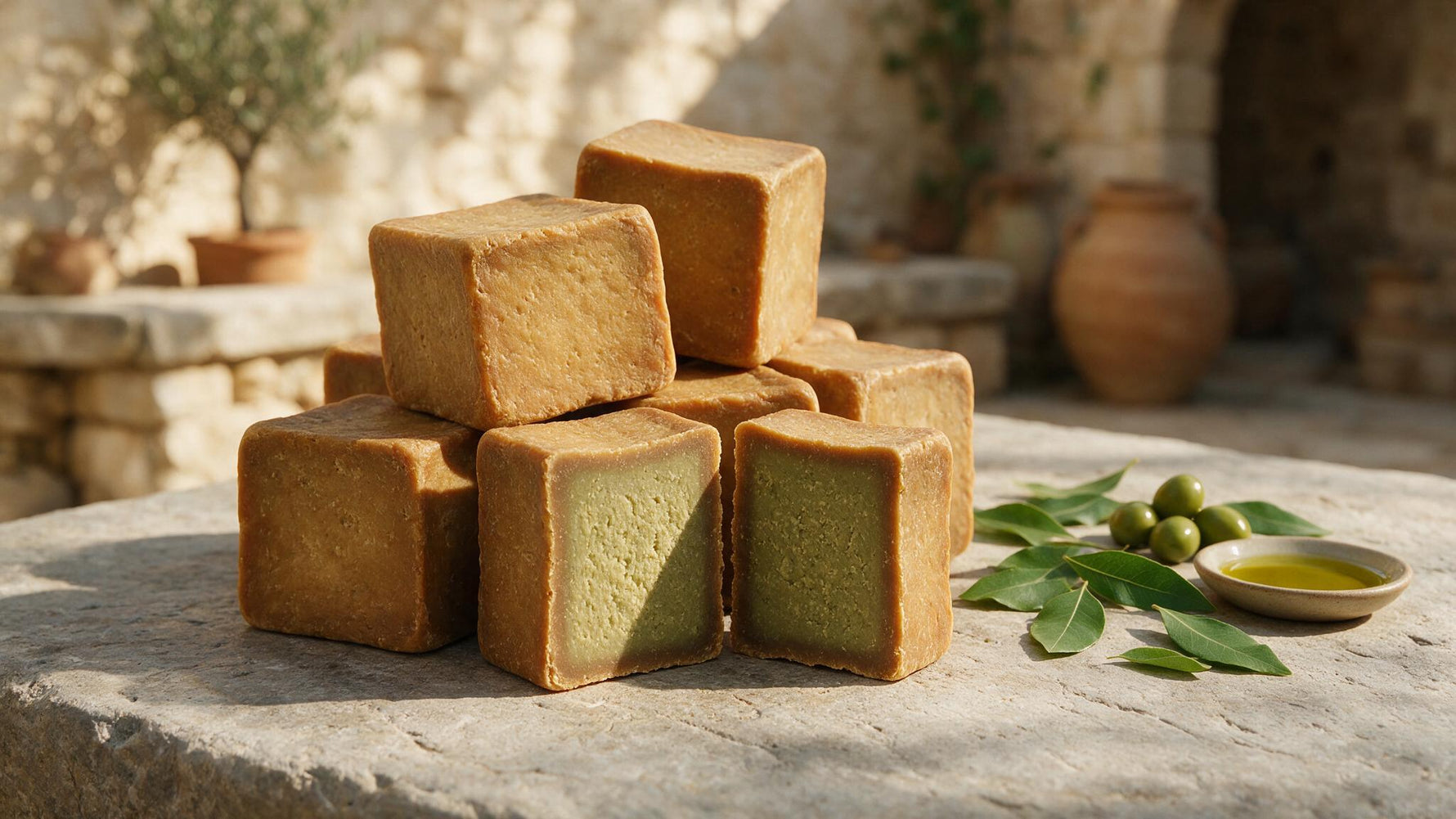 Stacked traditional Aleppo soap bars with green interior, laurel leaves and olive oil