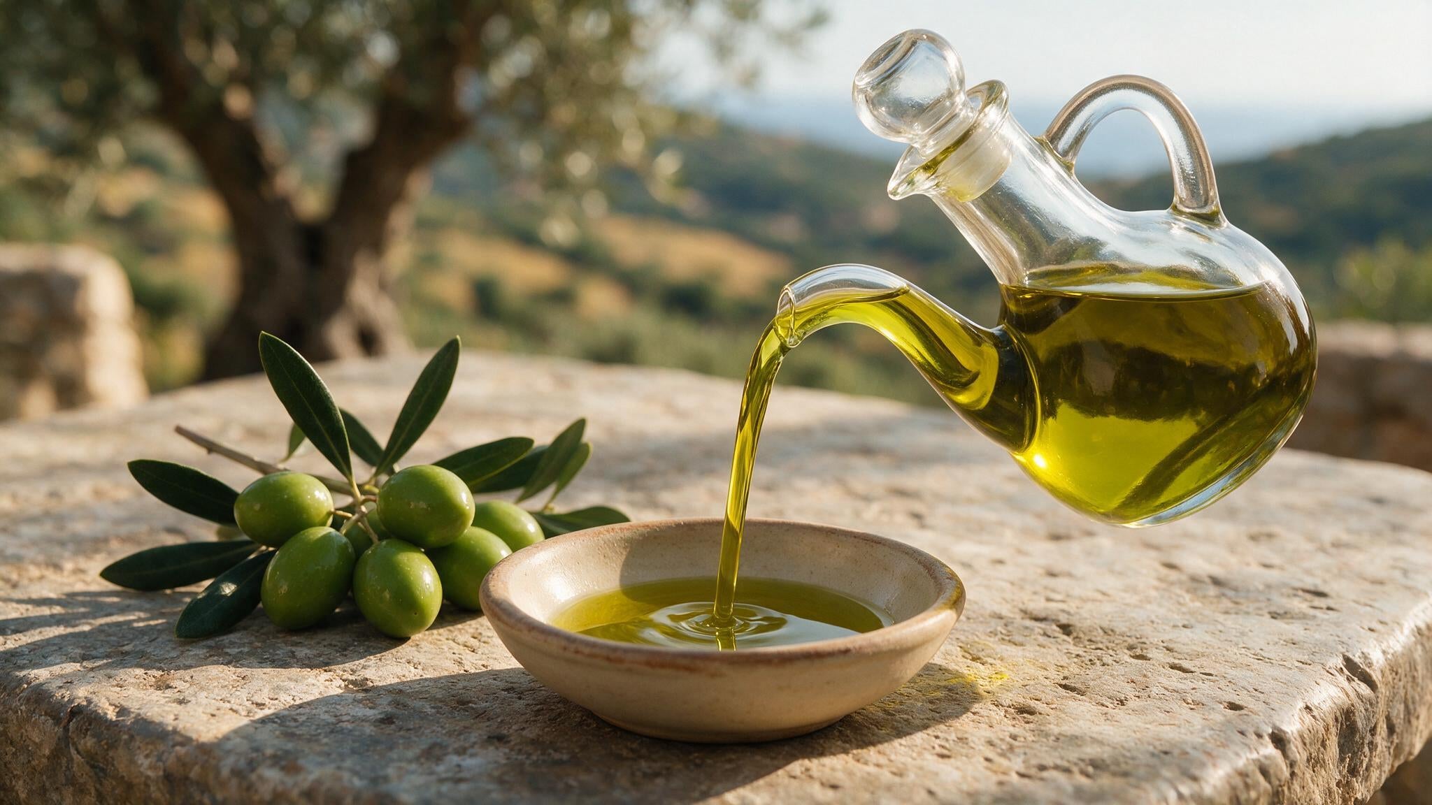 Golden-green extra virgin olive oil poured into a tasting bowl beside fresh olives and leaves on a stone table