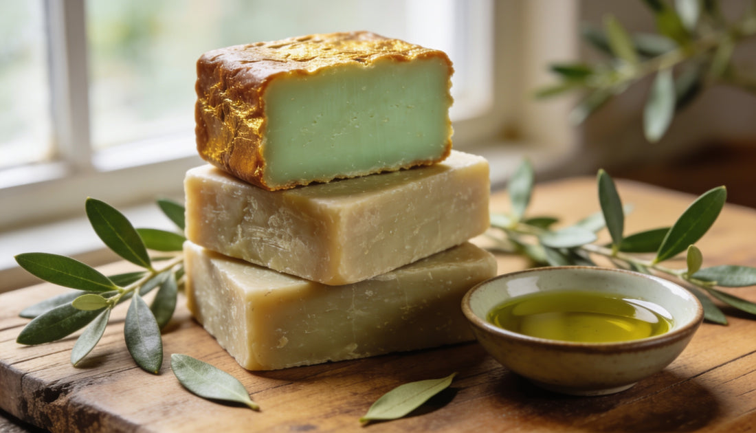 Stacked handmade Aleppo soap bars with green interior, laurel leaves and a bowl of olive oil