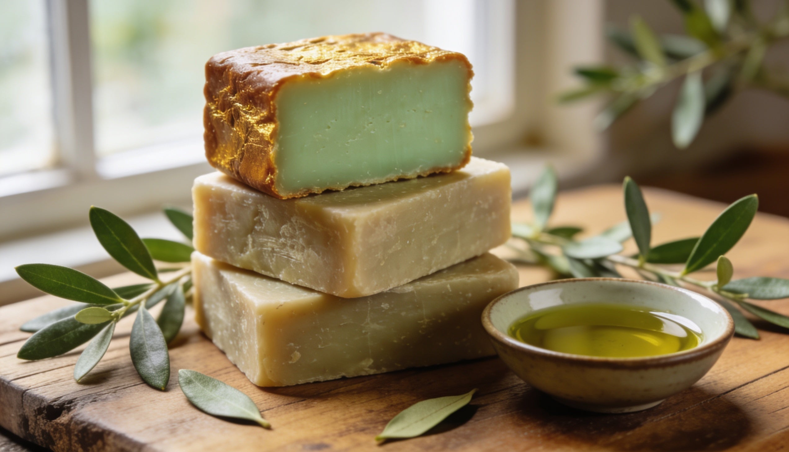 Stacked handmade Aleppo soap bars with green interior, laurel leaves and a bowl of olive oil