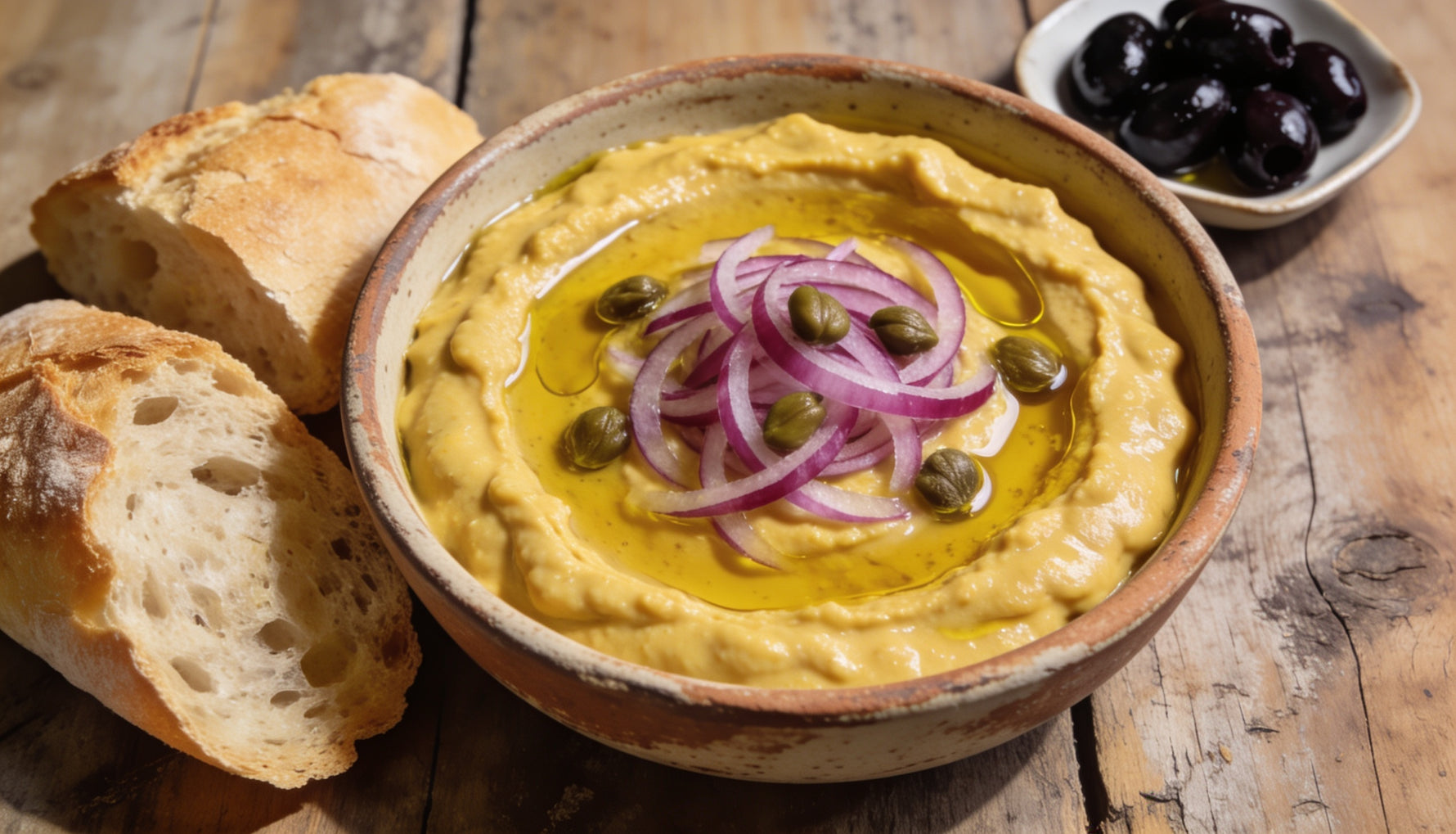 A rustic bowl of Greek fava topped with olive oil, red onion and capers