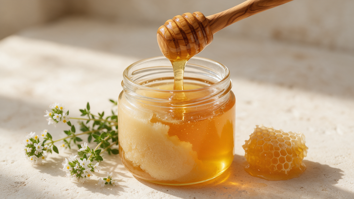 Jar of Greek thyme honey, part crystallised and part liquid, with an olive wood honey dipper