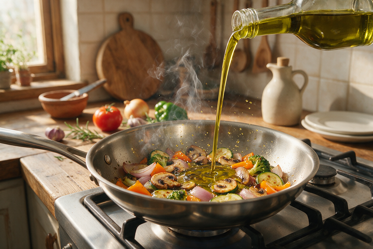 Extra virgin olive oil poured into a hot pan with vegetables