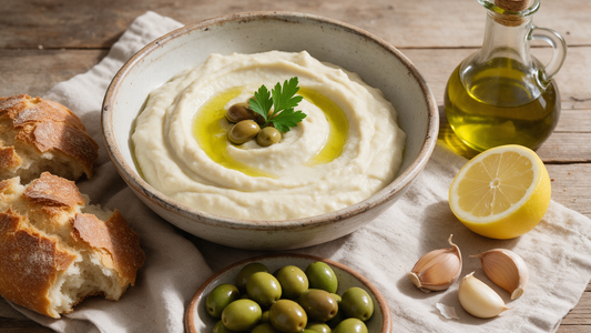 A rustic bowl of creamy Greek skordalia garlic dip topped with a pool of extra virgin olive oil, served with bread and olives