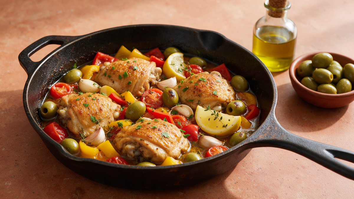 Tunisian-style braised chicken with green olives, peppers and herbs in a skillet, drizzled with extra virgin olive oil