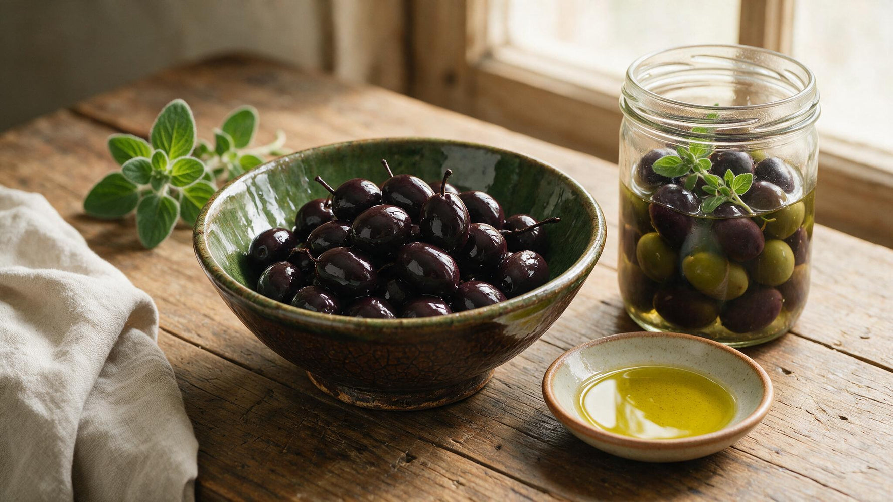 Glossy black Greek Kalamata olives in a rustic bowl beside a jar of olives in brine and a dish of olive oil