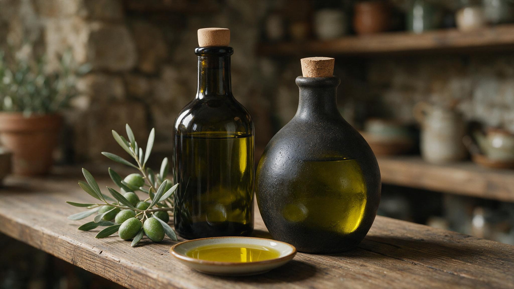 Dark glass and stoneware bottles of extra virgin olive oil stored in a cool, shaded kitchen next to fresh olive branches