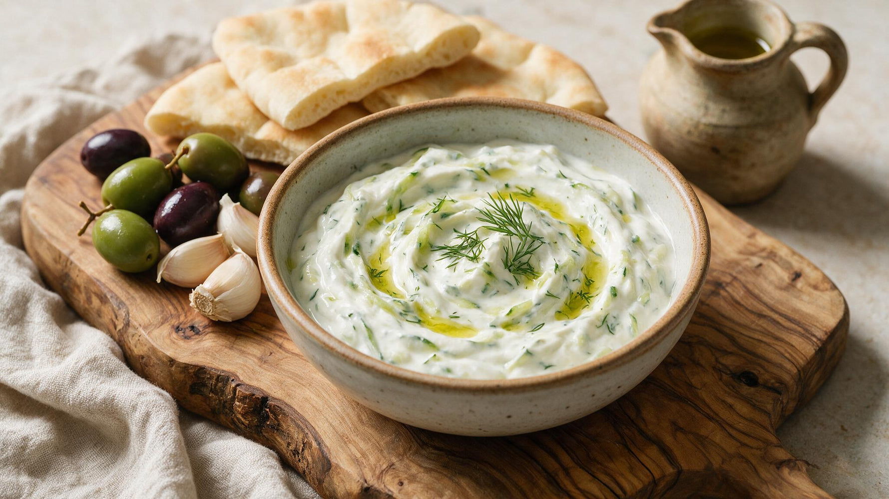 A rustic bowl of creamy Greek tzatziki drizzled with extra virgin olive oil, served with pita and olives