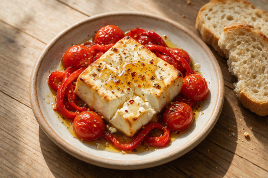 Baked Greek feta psiti in a rustic dish with tomatoes, olive oil and thyme honey