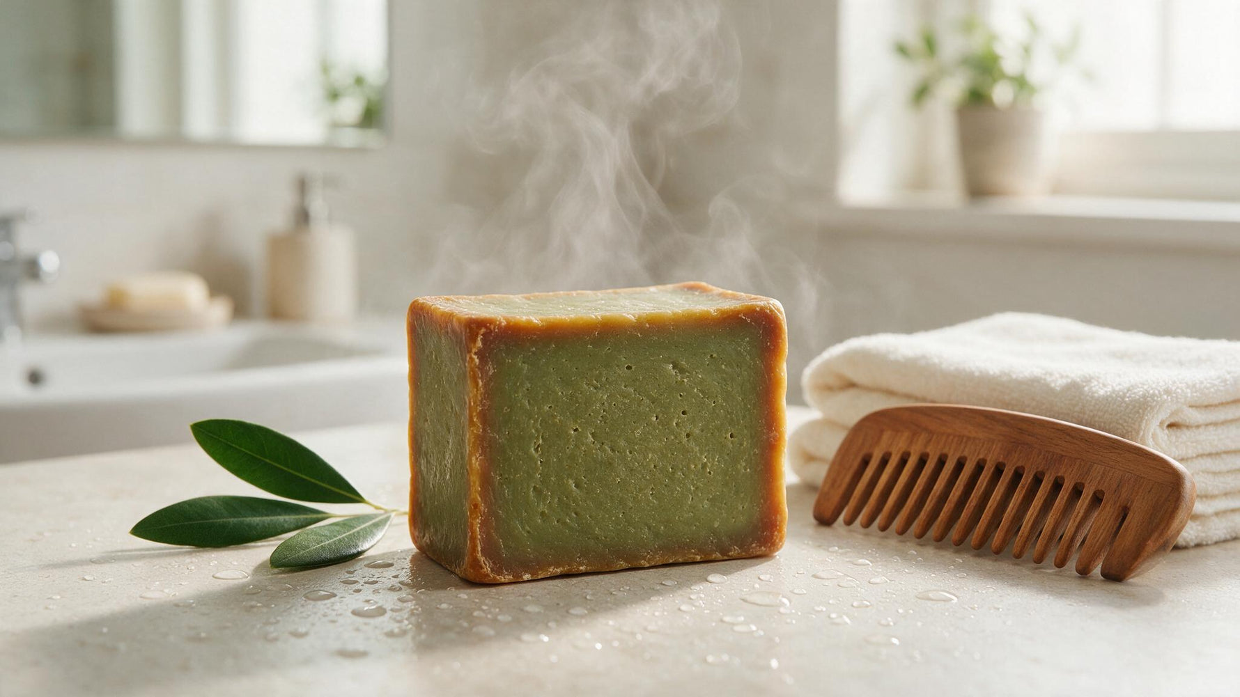 A natural Aleppo soap bar with olive-green core and amber edges beside a wooden comb and towel in a bright bathroom