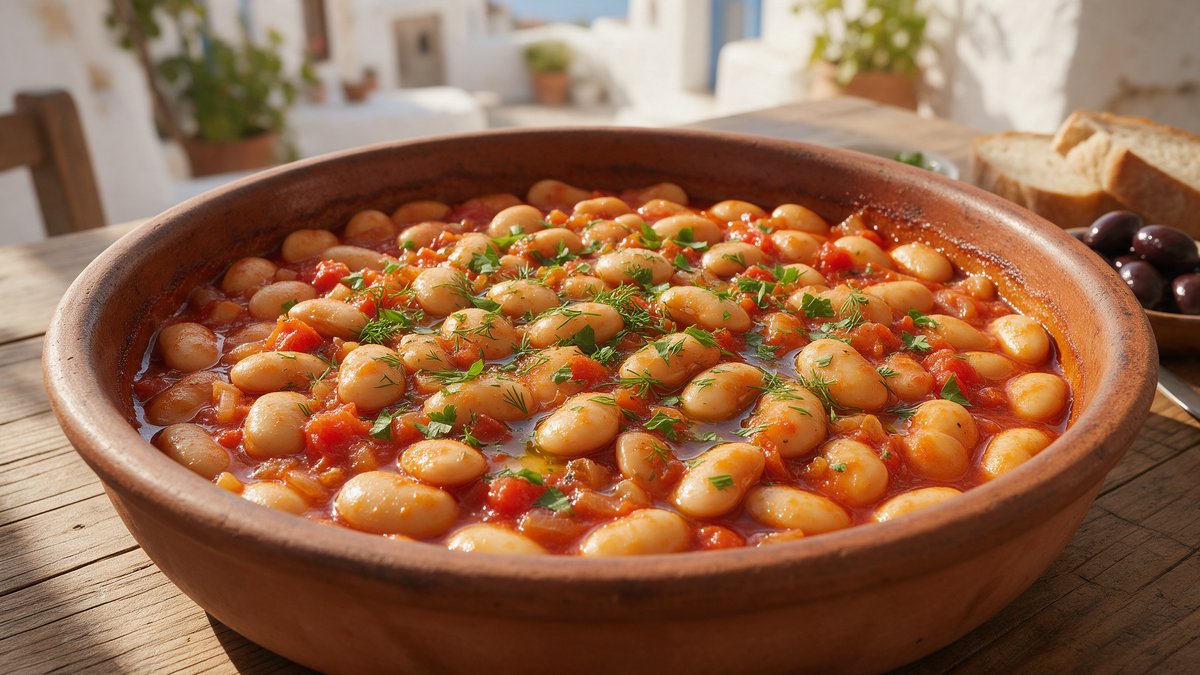 A rustic bowl of Greek fakes lentil soup finished with a drizzle of extra virgin olive oil