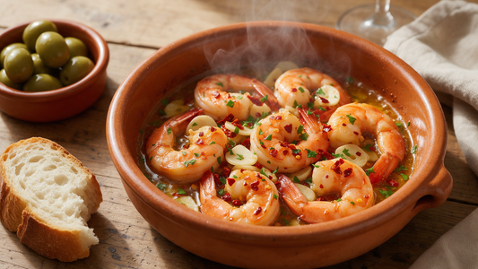 Spanish gambas al ajillo prawns sizzling in golden olive oil with garlic and chilli in a terracotta dish