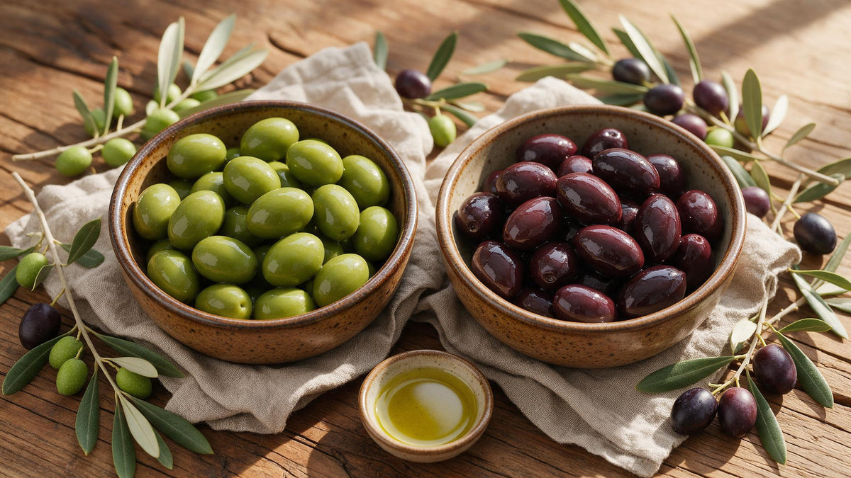 A bowl of bright green Greek Chalkidiki olives beside a bowl of dark black Kalamata olives on an olive-wood table