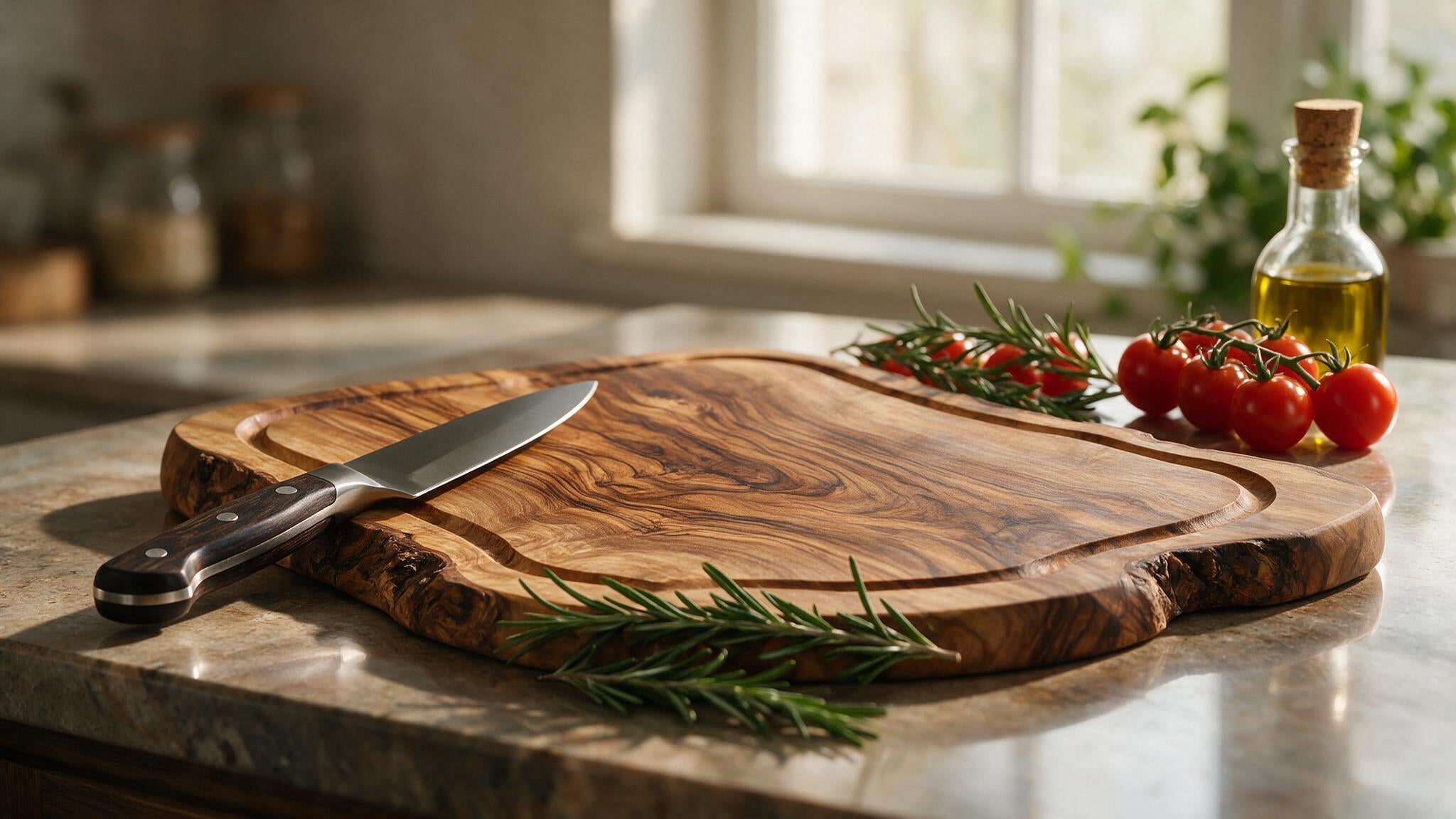 Handcrafted olive wood cutting board with a natural live edge and carved juice groove on a stone kitchen counter, with a knife, rosemary and cherry tomatoes