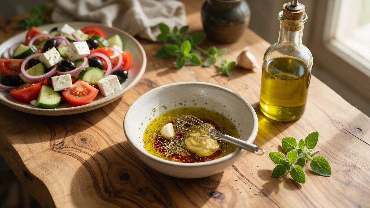 Greek salad dressing being whisked with olive oil, red wine vinegar and oregano beside a fresh Greek village salad