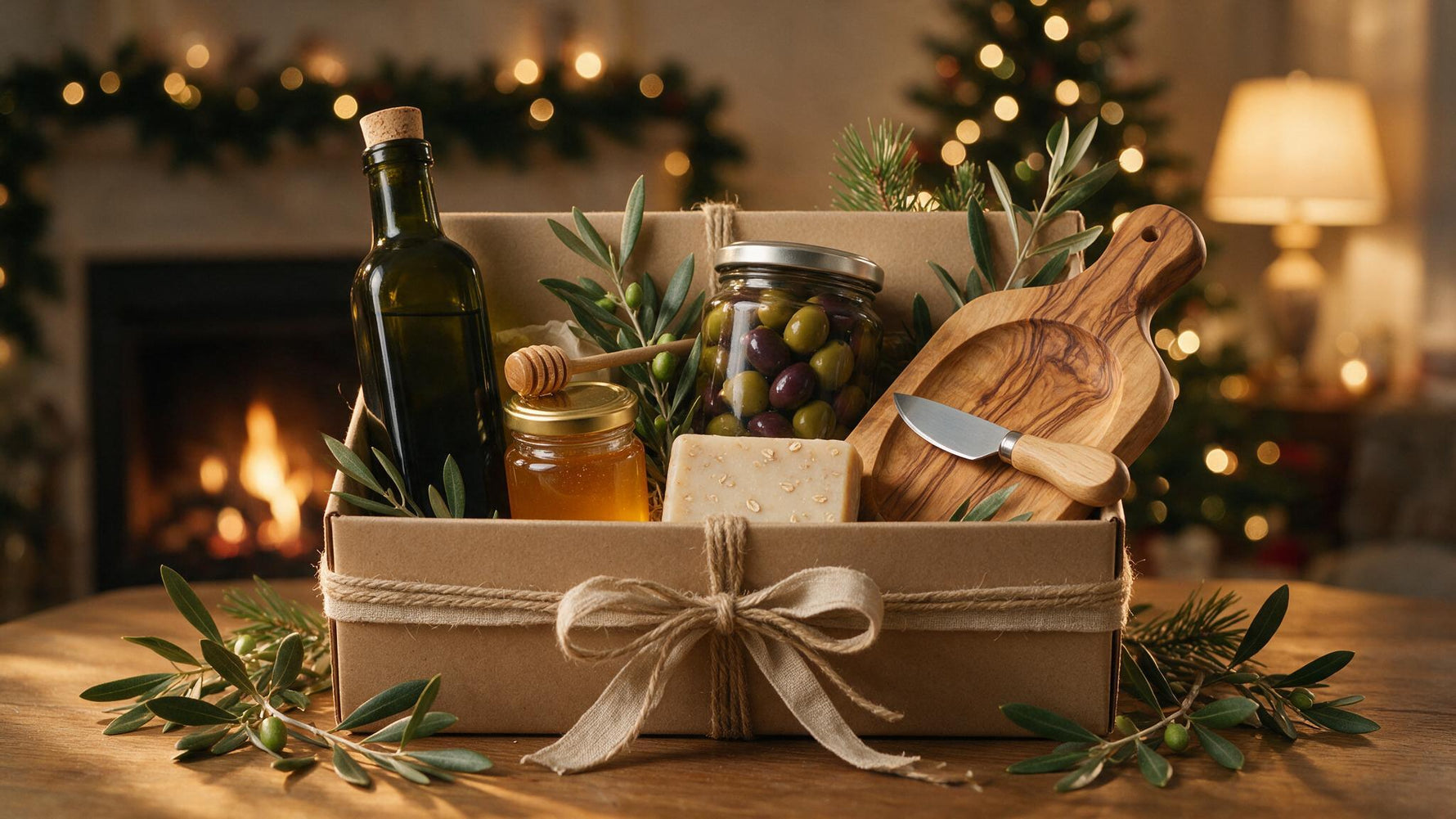 Elegant Mediterranean gourmet gift box with olive oil, honey, olives and olive-wood board