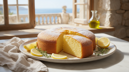 A moist Italian lemon and olive oil cake dusted with icing sugar, with lemon slices and a cruet of extra virgin olive oil