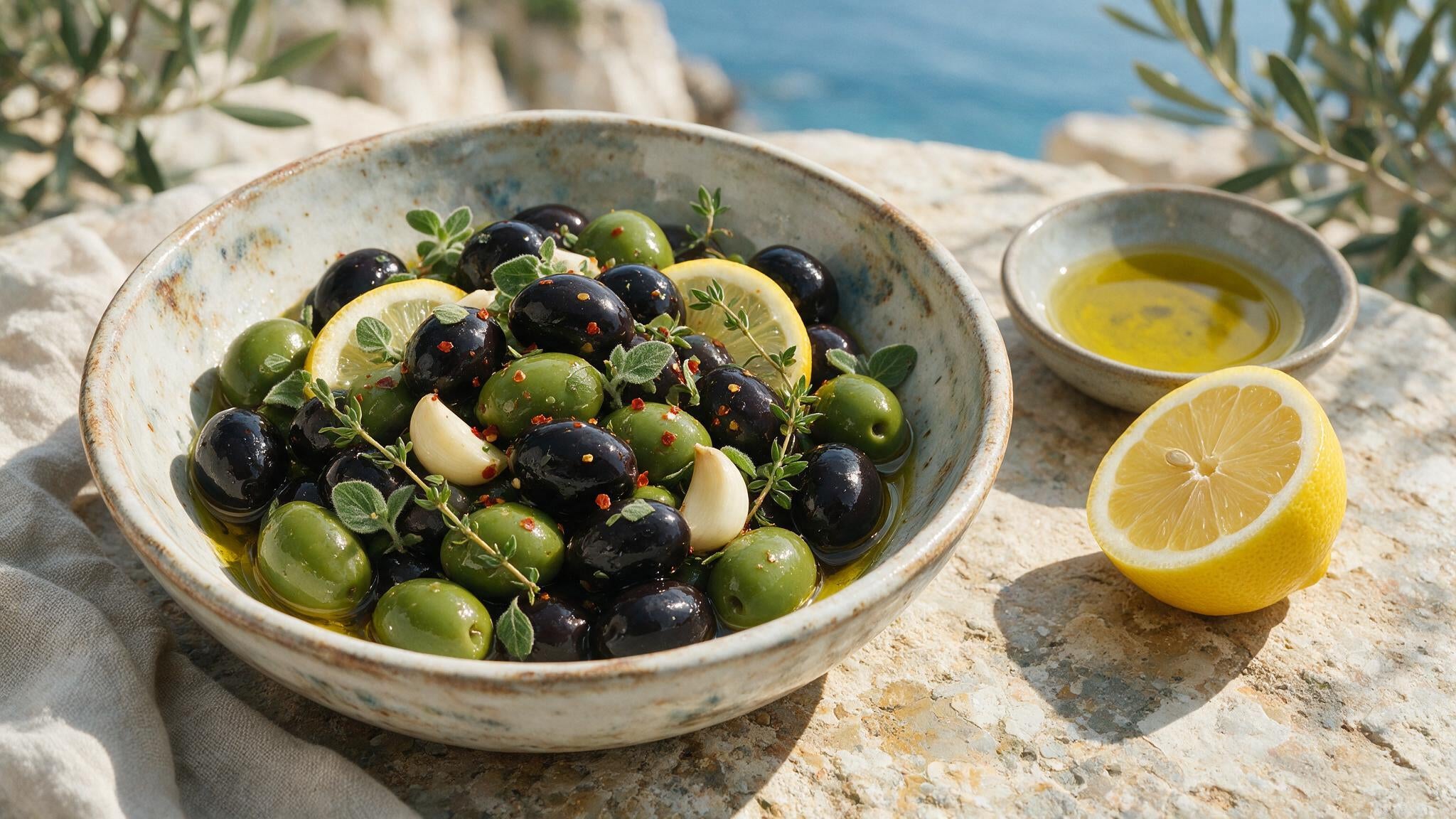 A rustic bowl of home-marinated Greek Kalamata and green olives with olive oil, lemon, garlic and herbs