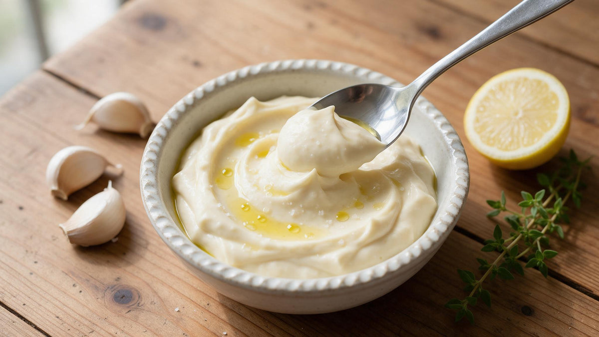 A rustic bowl of creamy garlic aioli drizzled with extra virgin olive oil, with garlic and lemon on a wooden table