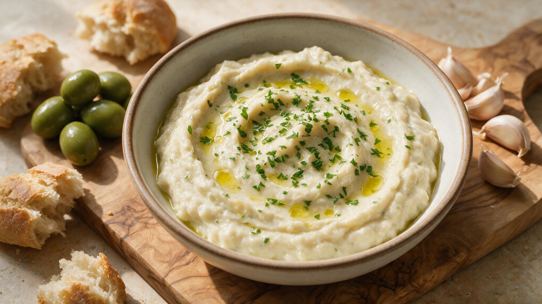 Bowl of creamy Greek skordalia garlic and potato dip drizzled with extra virgin olive oil, served with bread and olives