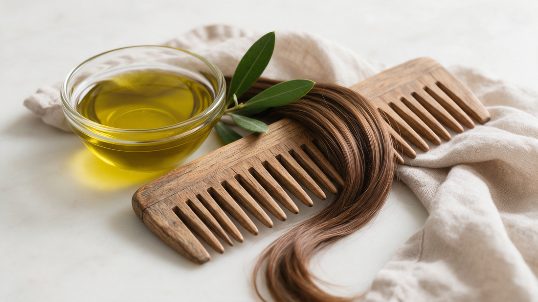 A bowl of golden extra virgin olive oil with a wooden comb, olive leaves and a glossy lock of hair