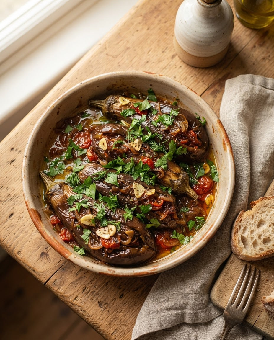 Imam Bayildi — aubergines braised in olive oil with tomato and onion in a rustic dish