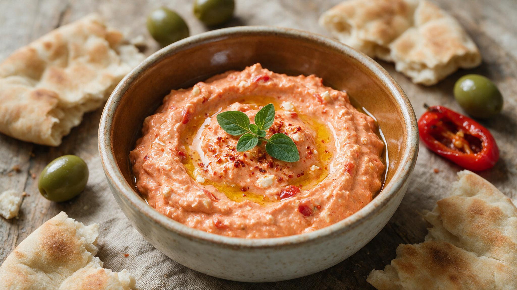 A bowl of creamy coral-pink Greek tirokafteri spicy feta dip drizzled with olive oil, served with pita bread and olives