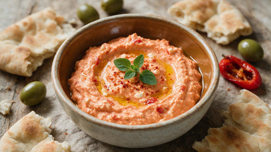 A bowl of creamy coral-pink Greek tirokafteri spicy feta dip drizzled with olive oil, served with pita bread and olives