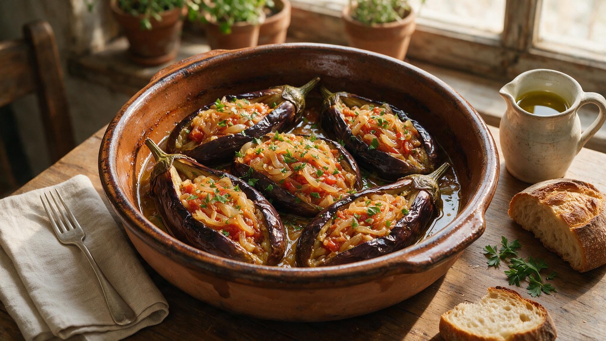 Greek imam bayildi stuffed aubergines baked in olive oil with onion and tomato in a rustic dish