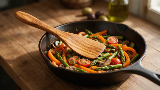 Handmade olive wood cooking spatula with natural grain resting on a rustic skillet in a Mediterranean kitchen