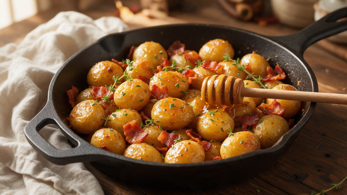 Honey-mustard roast baby potatoes with crispy bacon and fresh thyme in a cast-iron skillet, with a wooden honey dipper