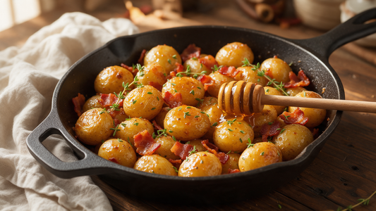 Honey-mustard roast baby potatoes with crispy bacon and fresh thyme in a cast-iron skillet, with a wooden honey dipper