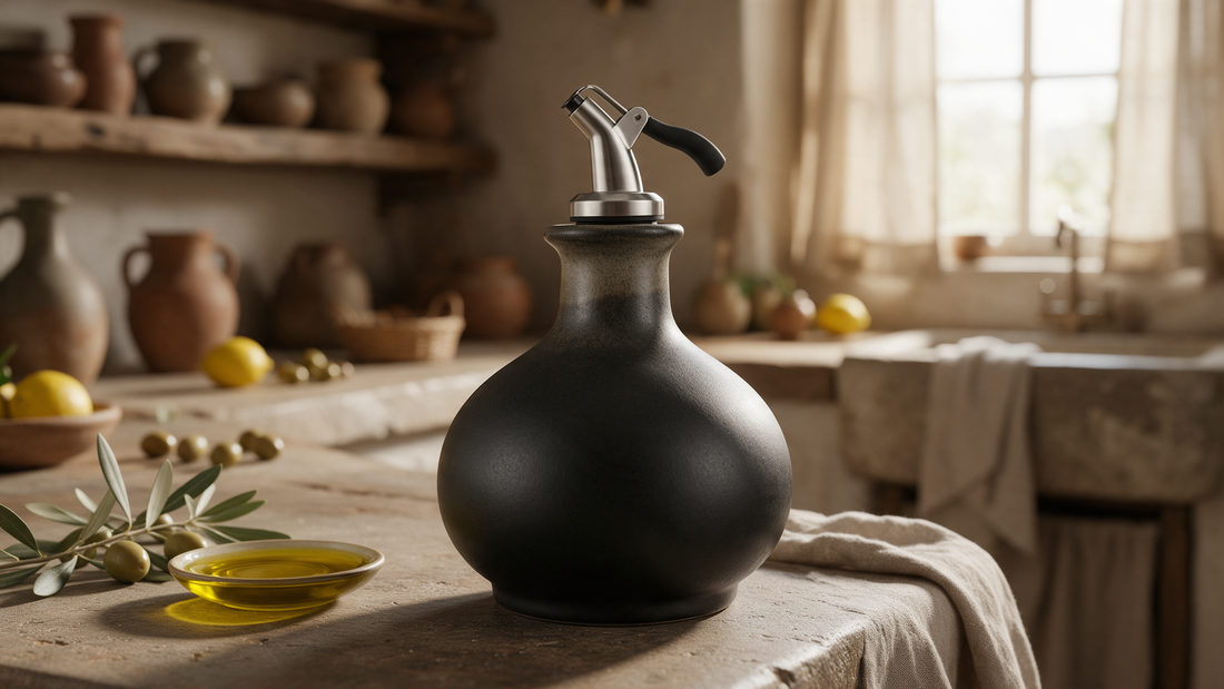 Matte black stoneware olive oil bottle with a stainless steel drip-free pourer on a Mediterranean kitchen counter