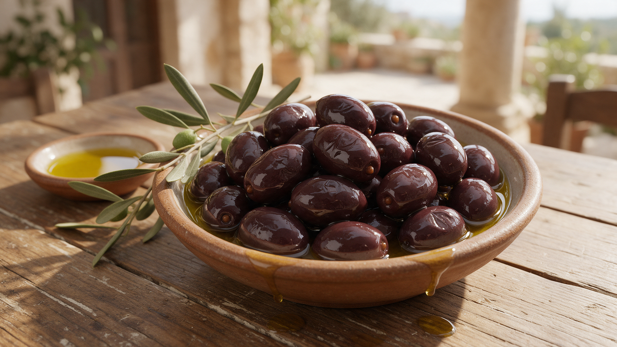 Rustic bowl of glossy black Greek Kalamata olives with an olive branch and a small dish of olive oil