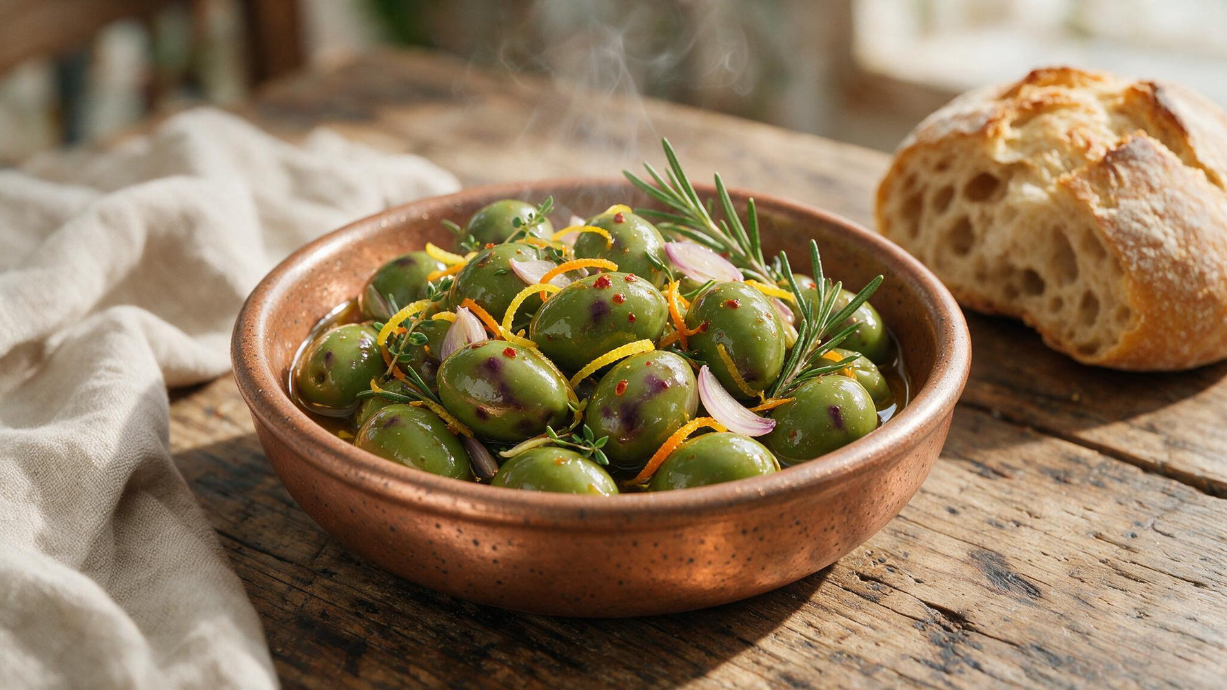 Warm marinated Greek olives with lemon, garlic and herbs in a rustic bowl
