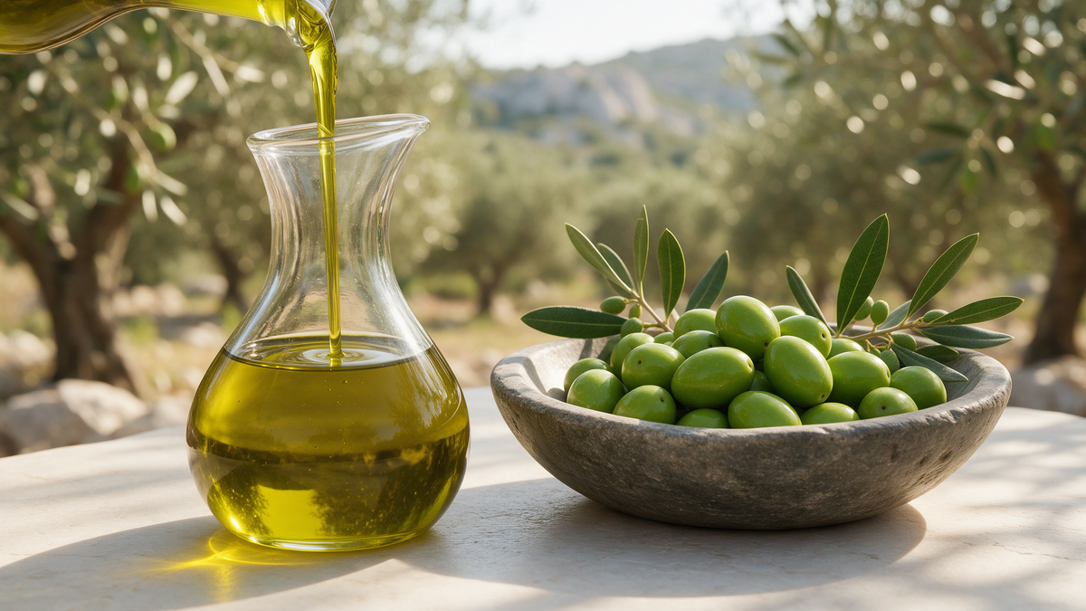 Golden-green extra virgin olive oil poured into a glass cruet beside a bowl of fresh green Koroneiki olives in a Peloponnese grove
