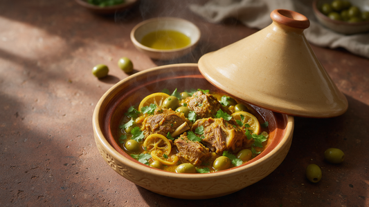 Moroccan lamb tagine with green olives and preserved lemon in a clay tagine pot