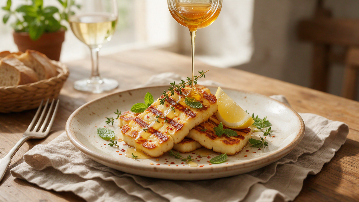 Pan-fried golden halloumi drizzled with thyme honey, lemon and fresh herbs on a plate